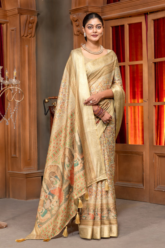 Premium Cotton Silk Saree with Rajgharana Heritage Scene Digital Print & Rich Jacquard Border In Biege color