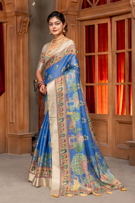 Premium Cotton Silk Saree with Royal Garden Heritage Digital Print & Jacquard Border In Royal Blue color