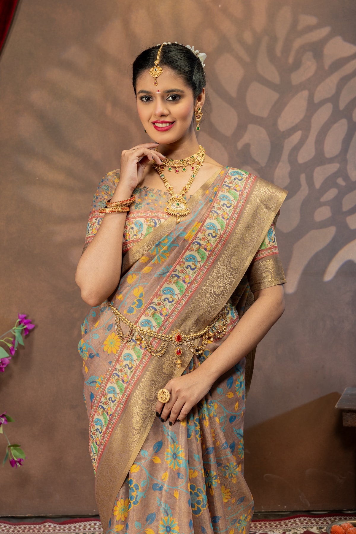 Mayuri Pushpavalli Kalamkari Cotton Silk Saree with Peacock Pallu & Rich Zari Border