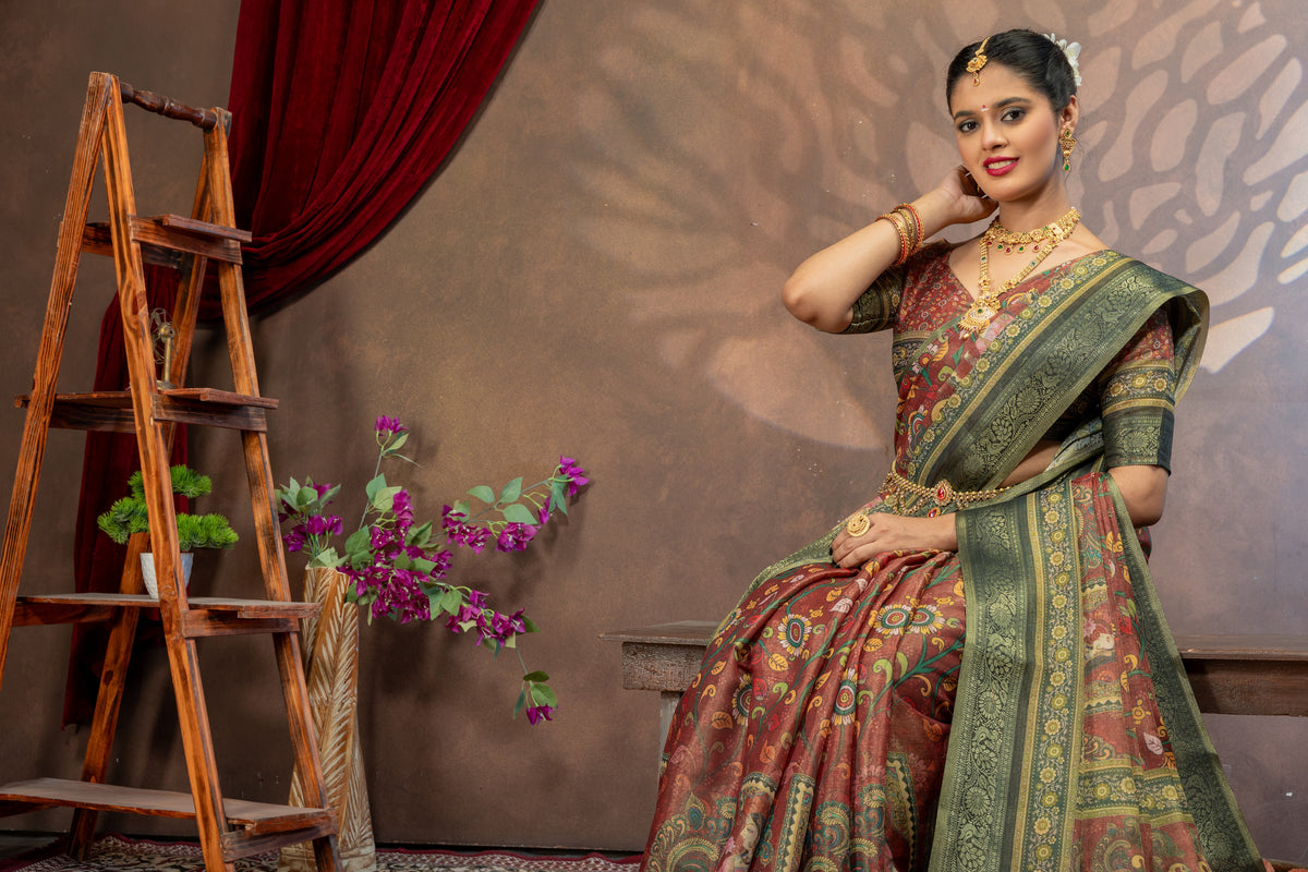 Chitralekha Kalamkari Cotton Silk Saree with Heritage Portrait Pallu & Rich Zari Border
