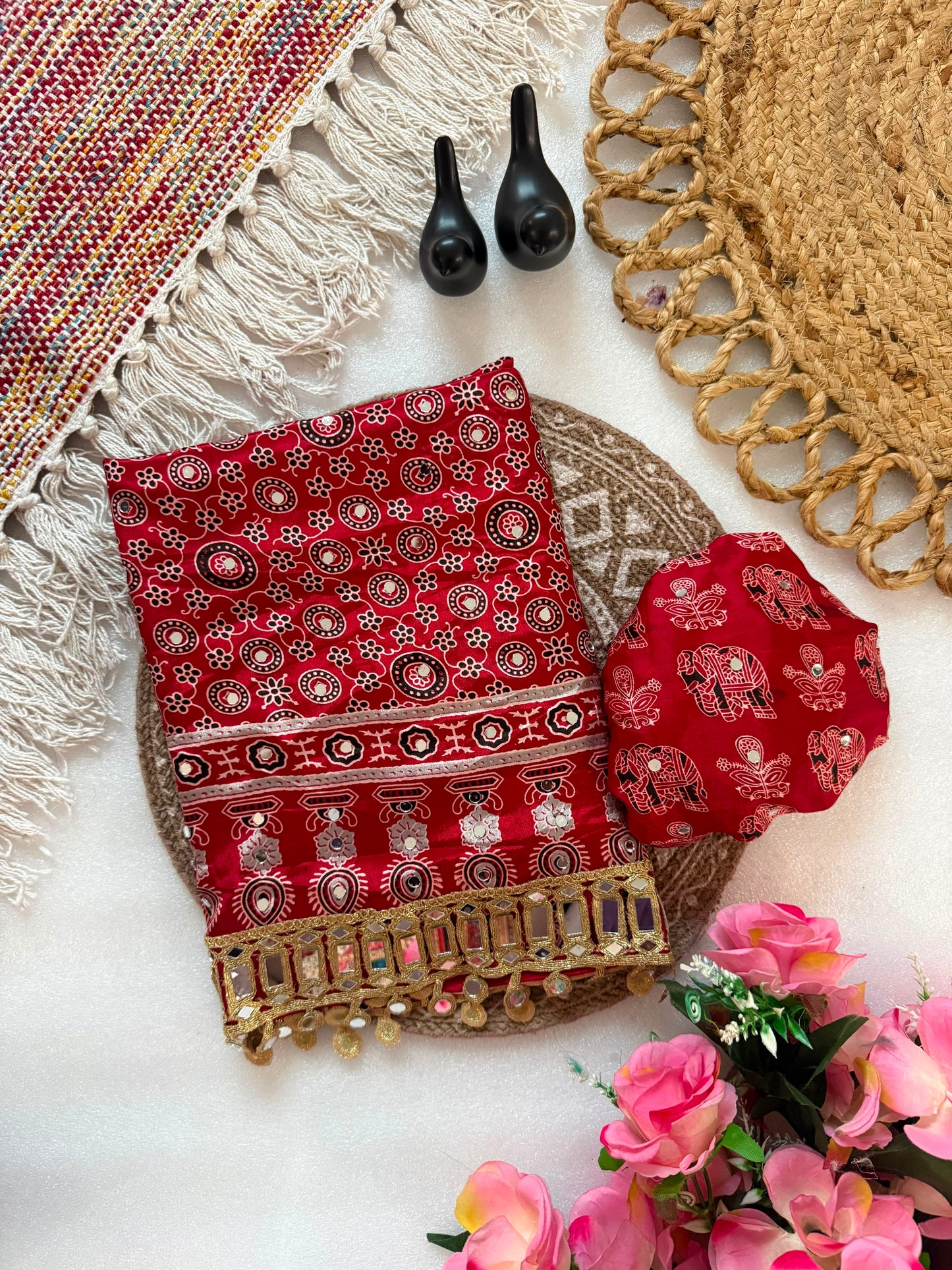 Pure Ajrakh Satin Silk Saree with Heavy Mirror Work