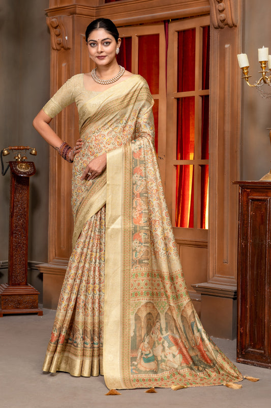 Premium Cotton Silk Saree with Rajgharana Heritage Scene Digital Print & Rich Jacquard Border In Biege color
