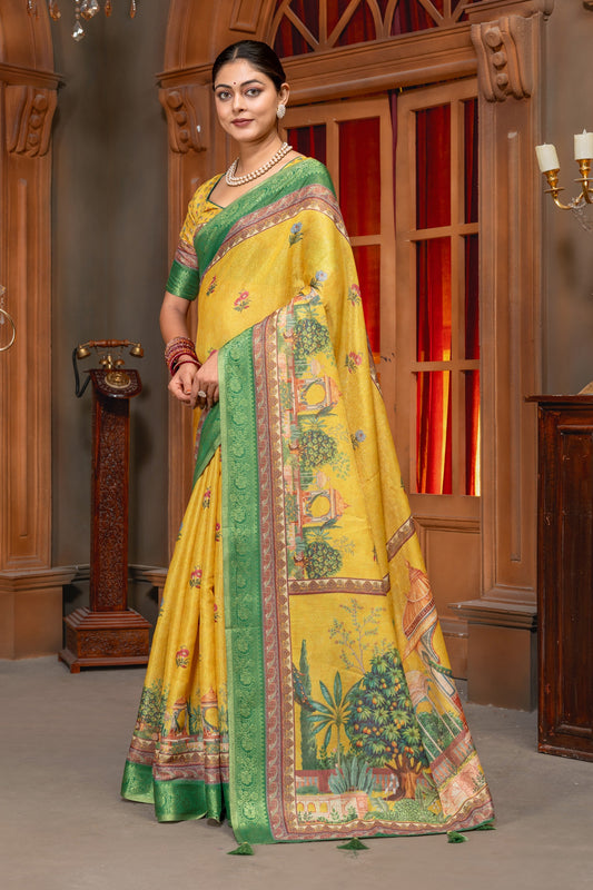 Royal Heritage Garden  Cotton Silk Saree with Digital Print & Jacquard Border In Mustard Yellow color