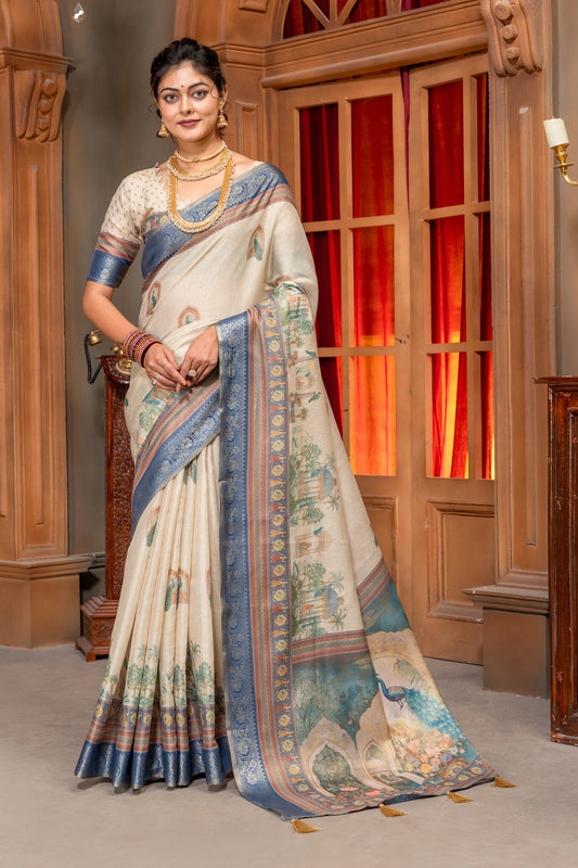Premium Cotton Silk Saree with Peacock Heritage Garden Digital Print & Jacquard Border In Cream color