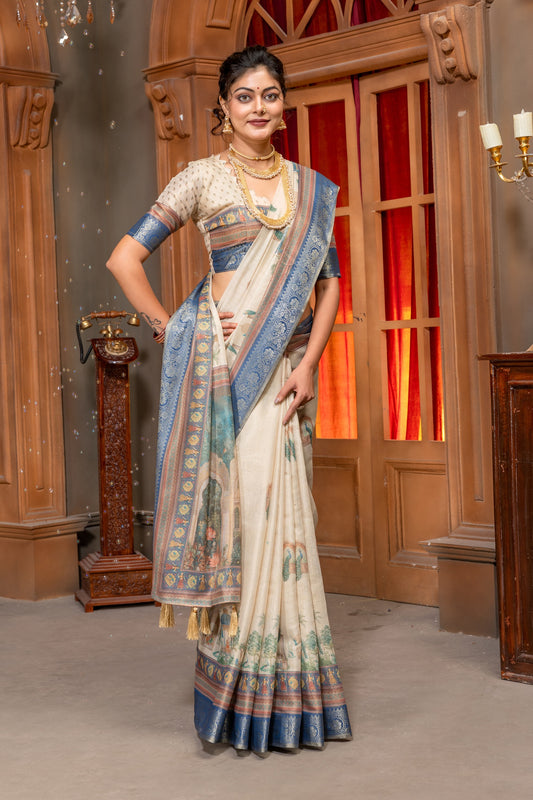 Premium Cotton Silk Saree with Peacock Heritage Garden Digital Print & Jacquard Border In Cream color