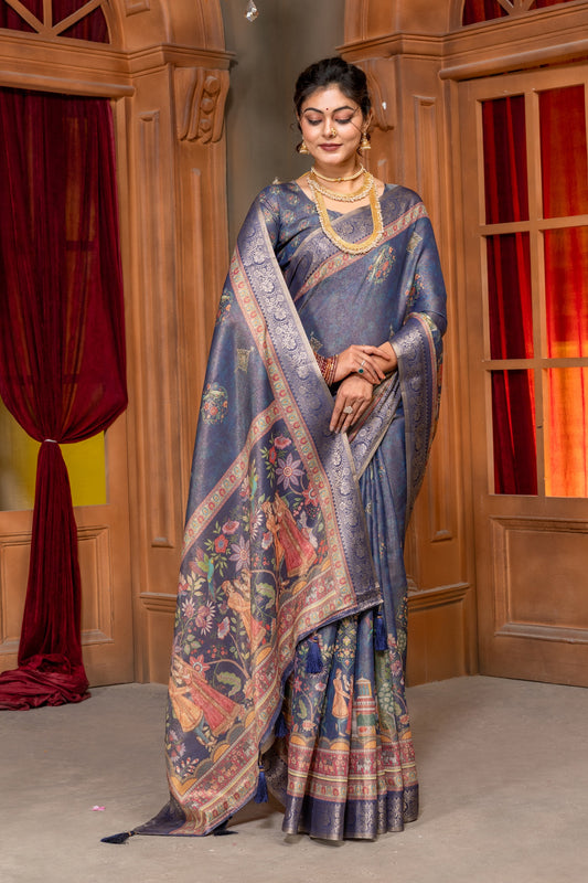 Premium Cotton Silk Saree with Royal Vintage Court Digital Print & Jacquard Border In Navy Blue color