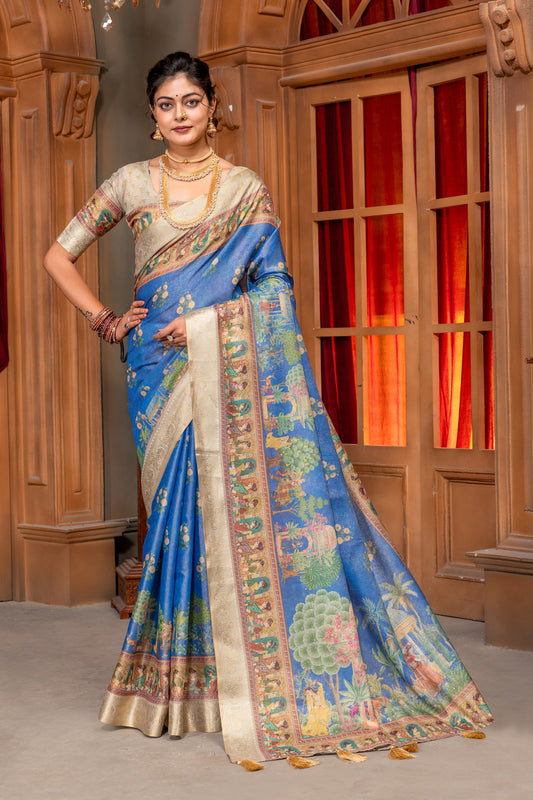 Premium Cotton Silk Saree with Royal Garden Heritage Digital Print & Jacquard Border In Royal Blue color