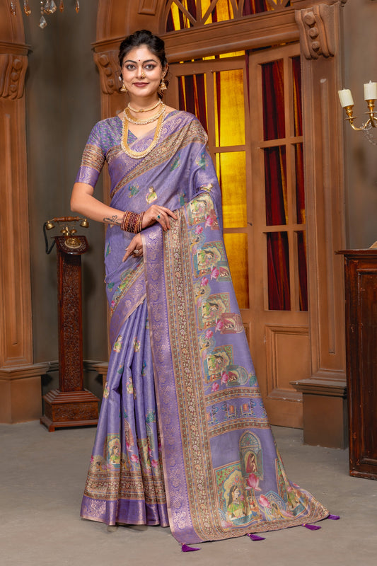 Premium Cotton Silk Saree with Royal Lotus Heritage Digital Print & Jacquard Border In Lavender Purple color
