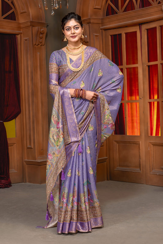 Premium Cotton Silk Saree with Royal Lotus Heritage Digital Print & Jacquard Border In Lavender Purple color