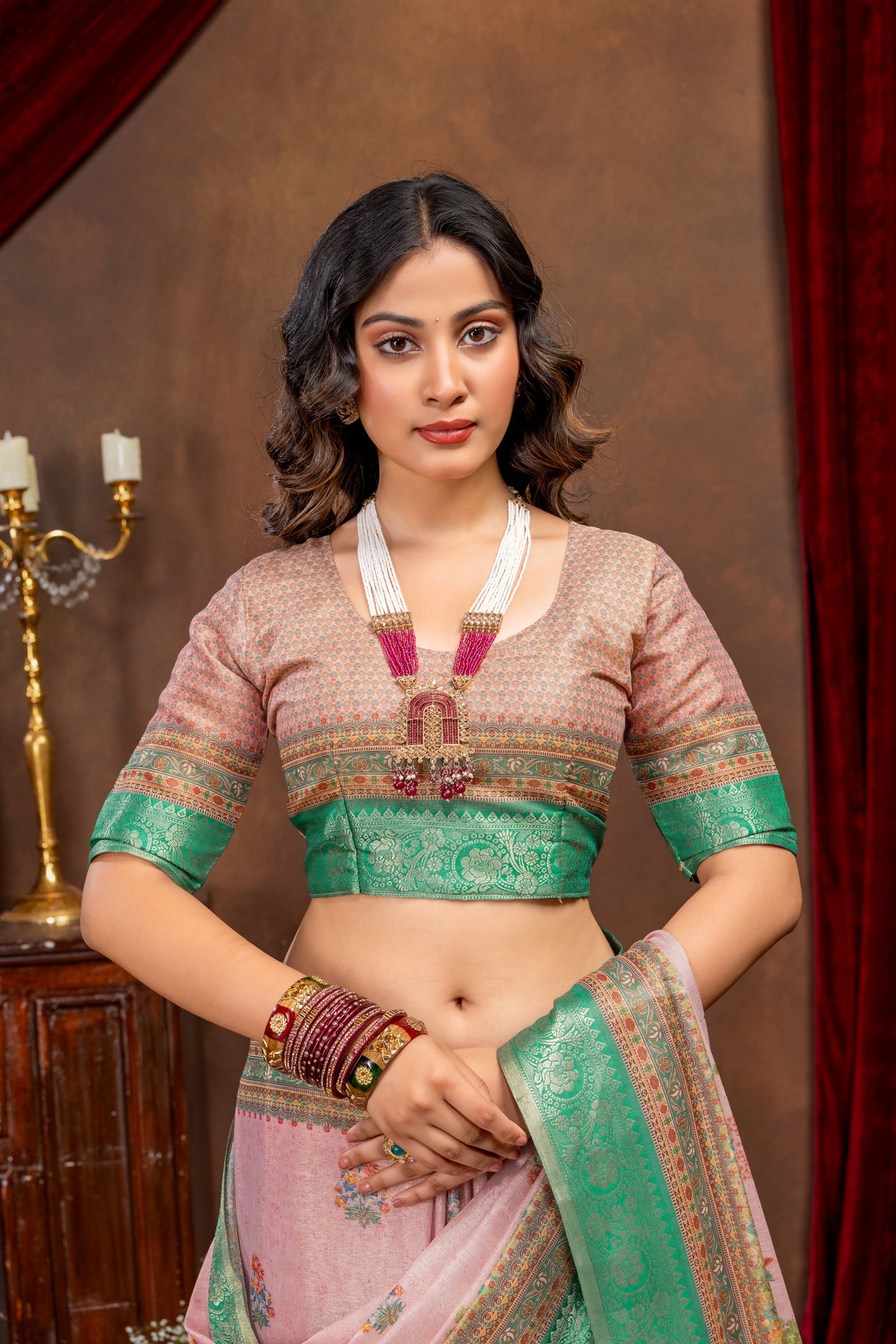 Premium Cotton Silk Saree with Pink Rajgharana Heritage Digital Print & Jacquard Border
