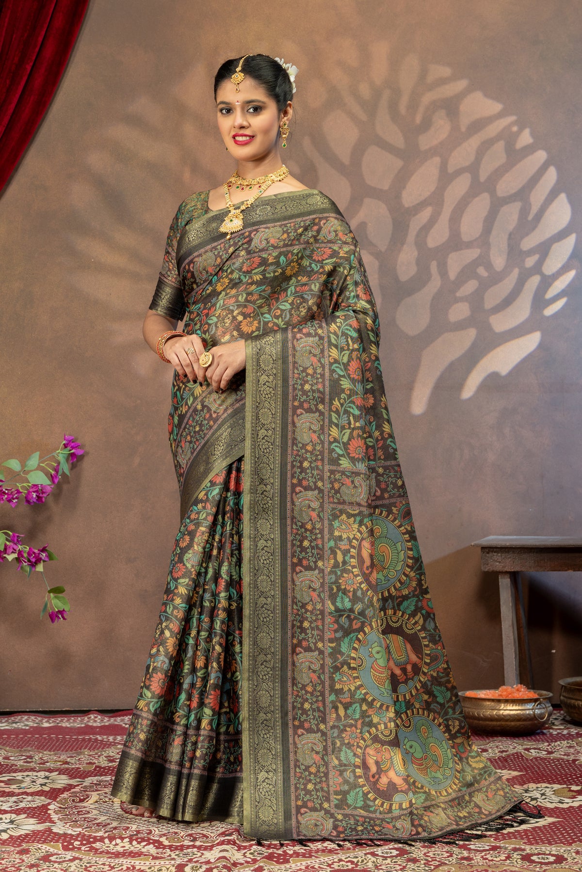 Mayura Vaibhavam Kalamkari Cotton Silk Saree with Peacock & Elephant Heritage Pallu