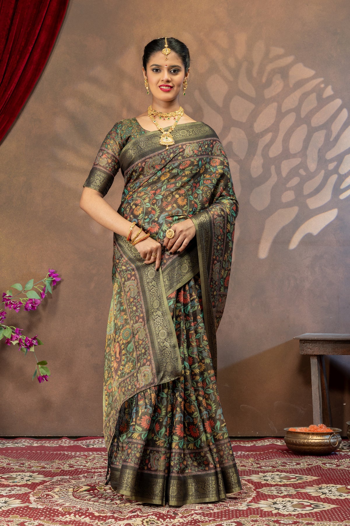 Mayura Vaibhavam Kalamkari Cotton Silk Saree with Peacock & Elephant Heritage Pallu