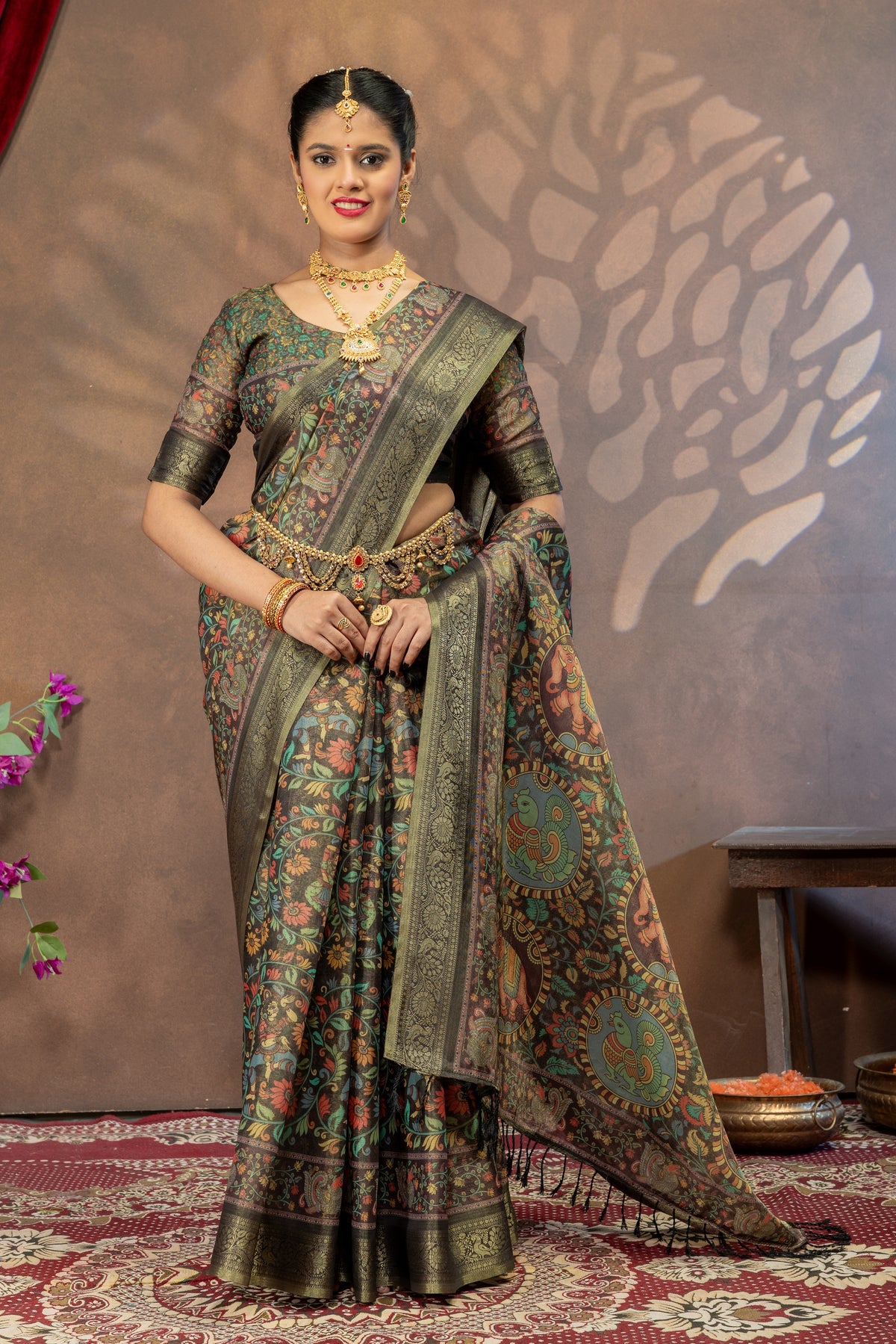 Mayura Vaibhavam Kalamkari Cotton Silk Saree with Peacock & Elephant Heritage Pallu