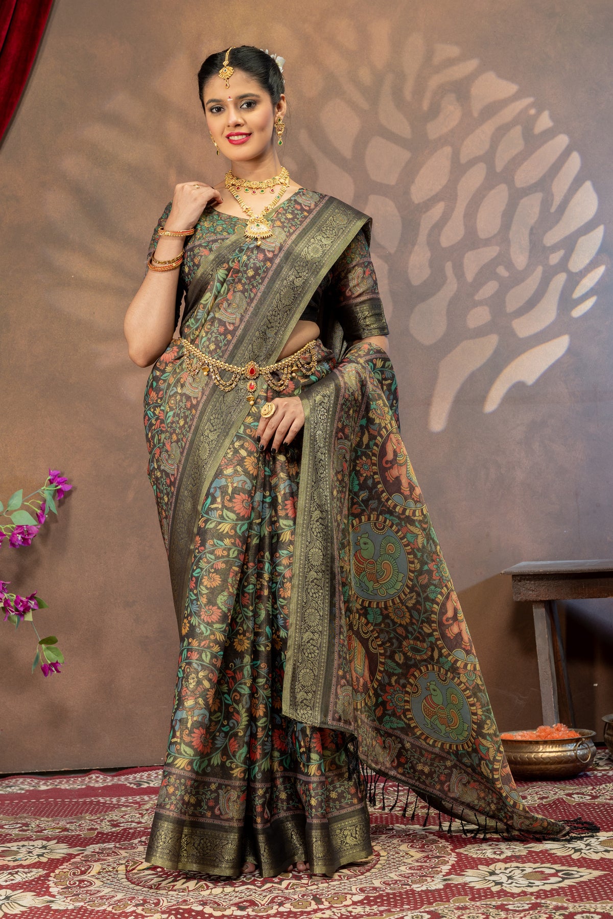 Mayura Vaibhavam Kalamkari Cotton Silk Saree with Peacock & Elephant Heritage Pallu
