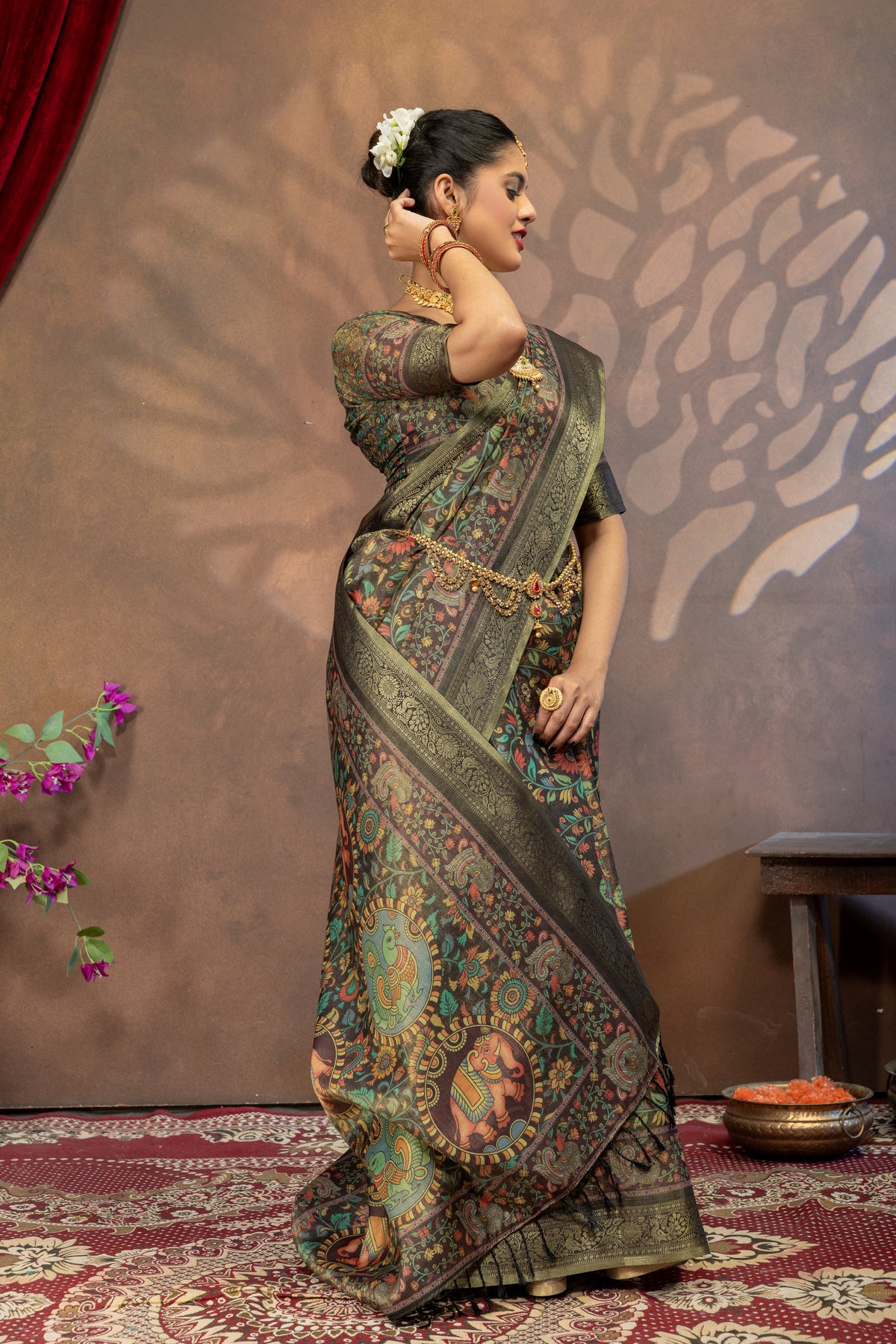 Mayura Vaibhavam Kalamkari Cotton Silk Saree with Peacock & Elephant Heritage Pallu