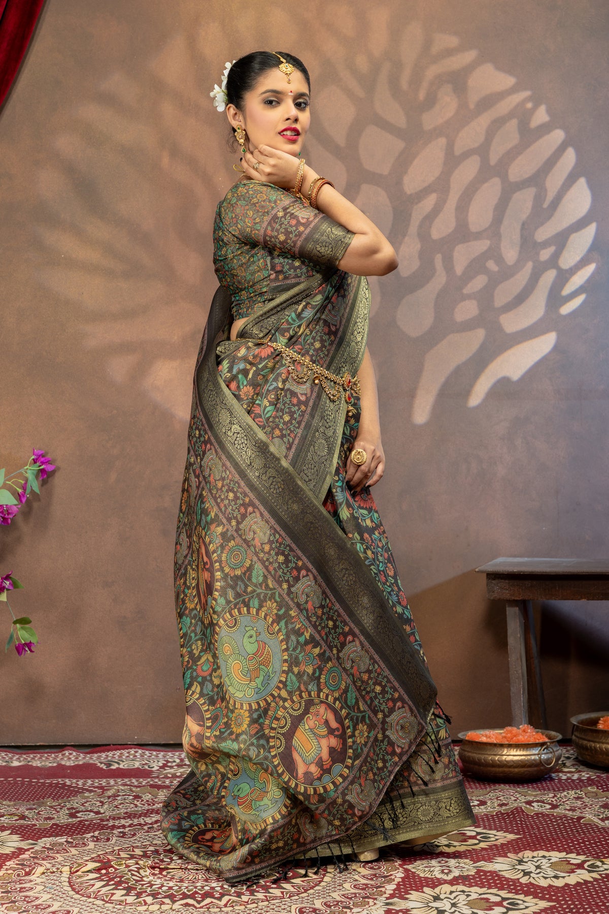 Mayura Vaibhavam Kalamkari Cotton Silk Saree with Peacock & Elephant Heritage Pallu