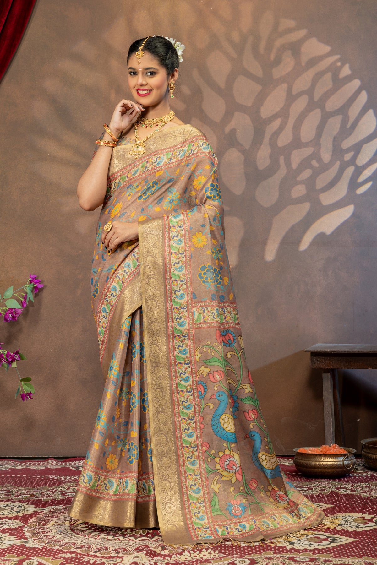 Mayuri Pushpavalli Kalamkari Cotton Silk Saree with Peacock Pallu & Rich Zari Border