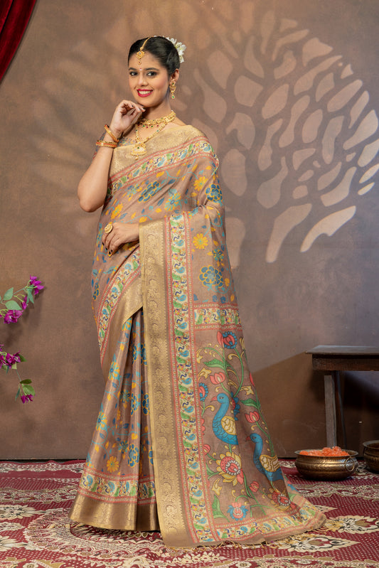 Mayuri Kalamkari Cotton Silk Saree – Peacock Pallu