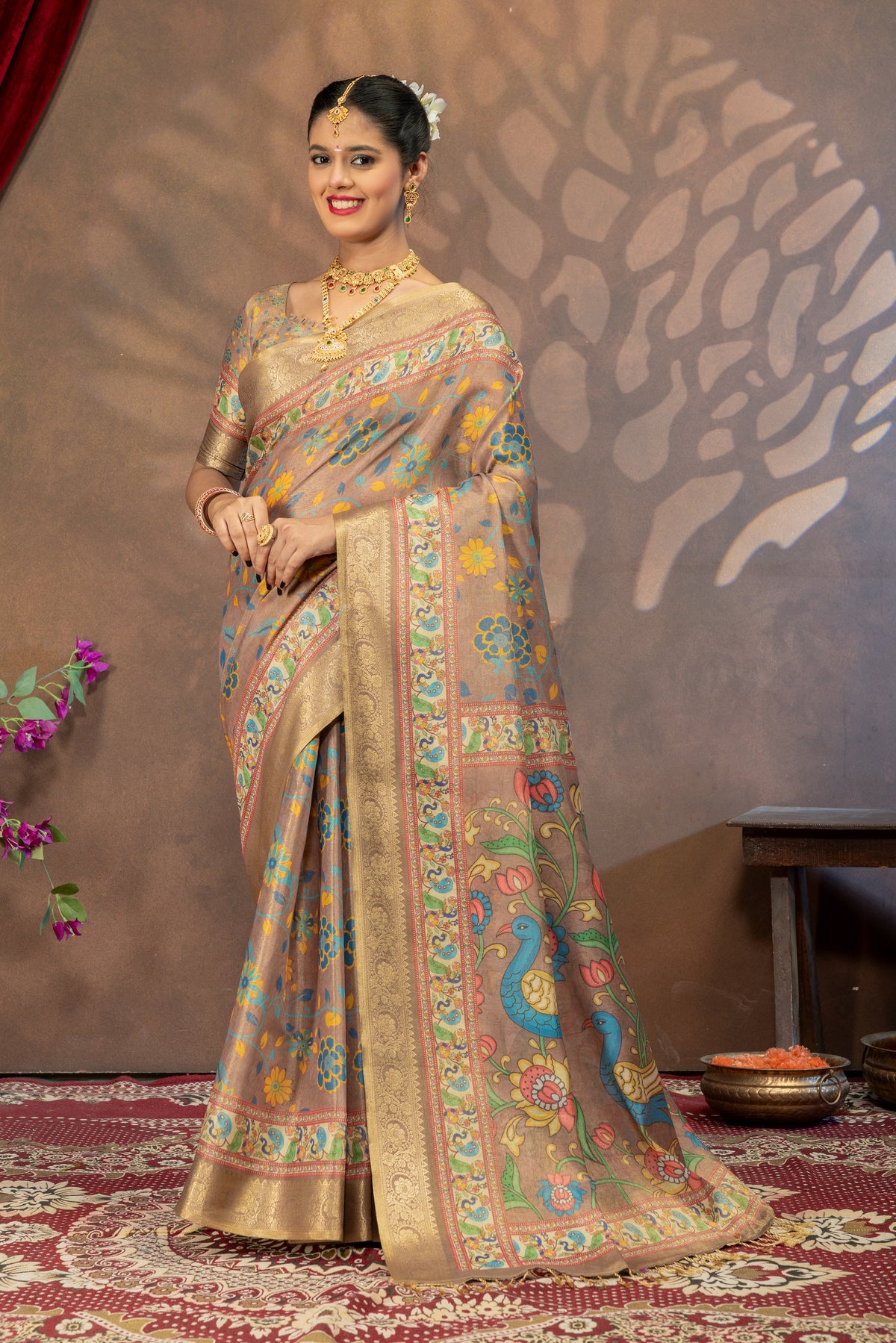Mayuri Pushpavalli Kalamkari Cotton Silk Saree with Peacock Pallu & Rich Zari Border