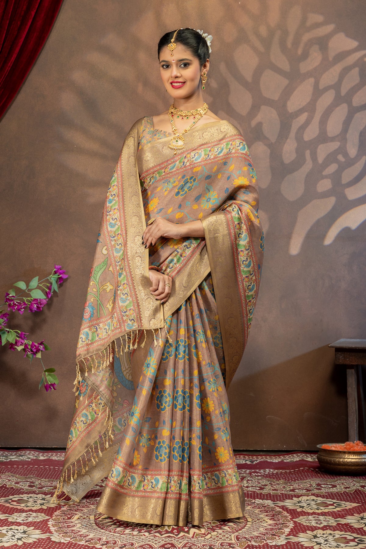 Mayuri Pushpavalli Kalamkari Cotton Silk Saree with Peacock Pallu & Rich Zari Border