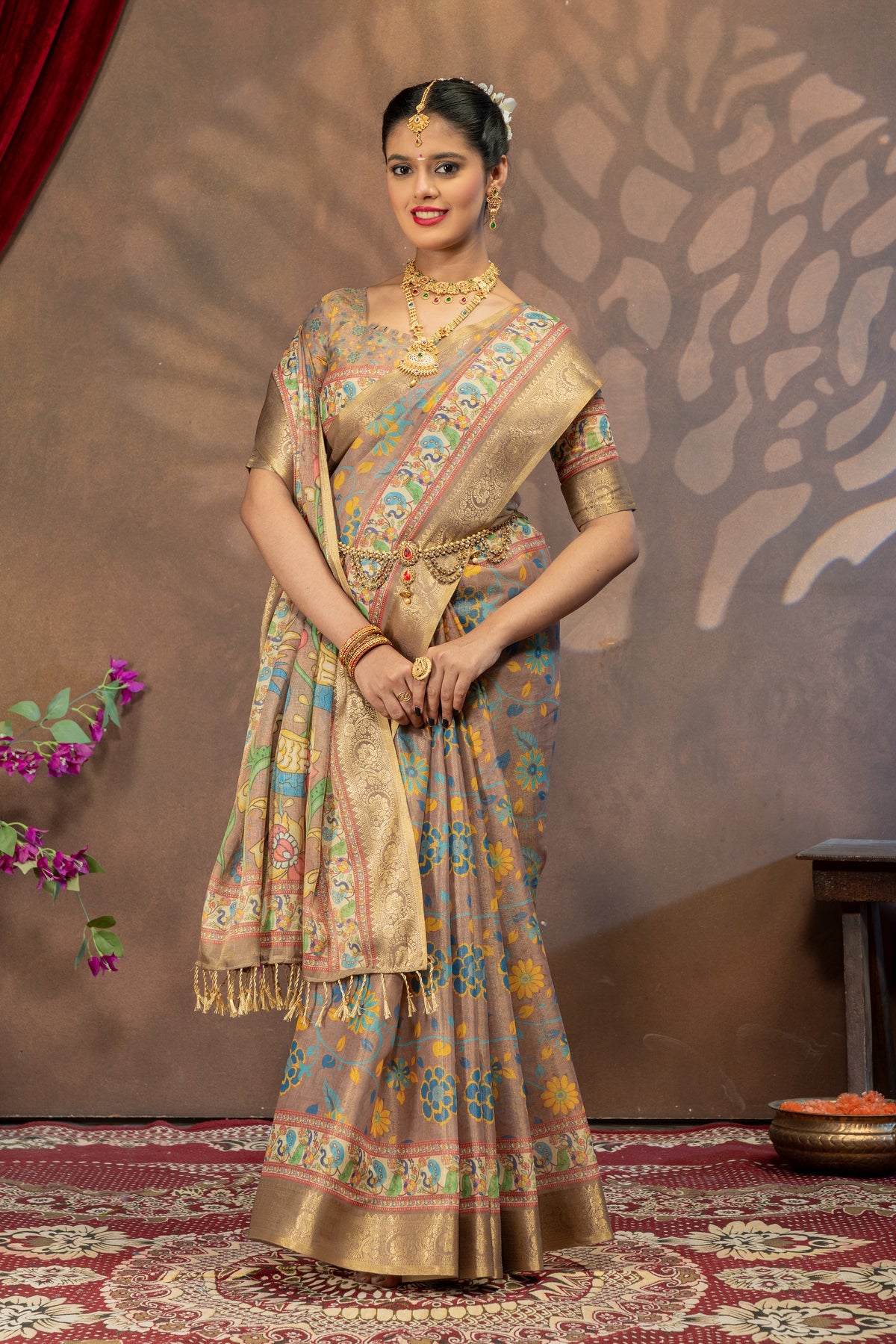 Mayuri Pushpavalli Kalamkari Cotton Silk Saree with Peacock Pallu & Rich Zari Border