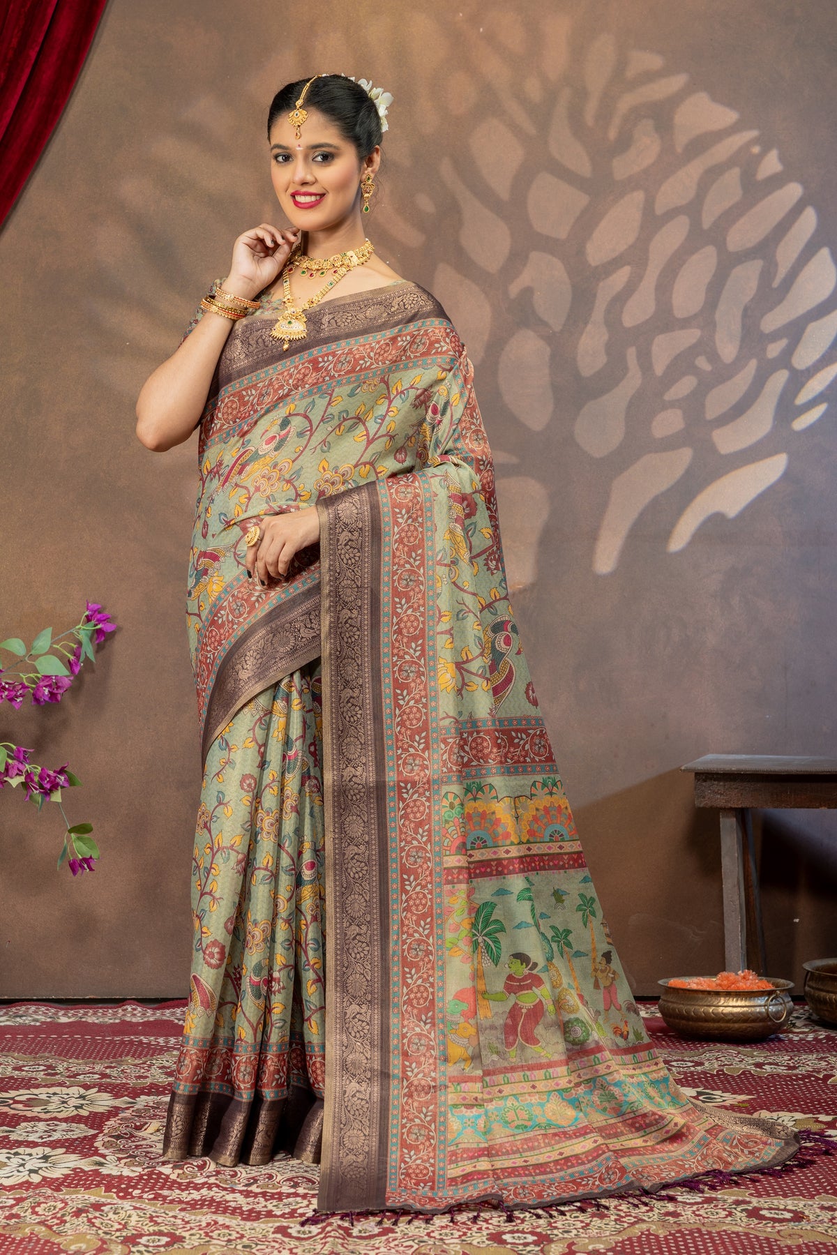 Gramya Vaibhavam Kalamkari Cotton Silk Saree with Heritage Village Art Pallu & Zari Border