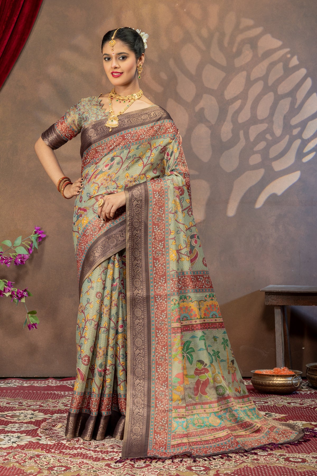 Gramya Vaibhavam Kalamkari Cotton Silk Saree with Heritage Village Art Pallu & Zari Border