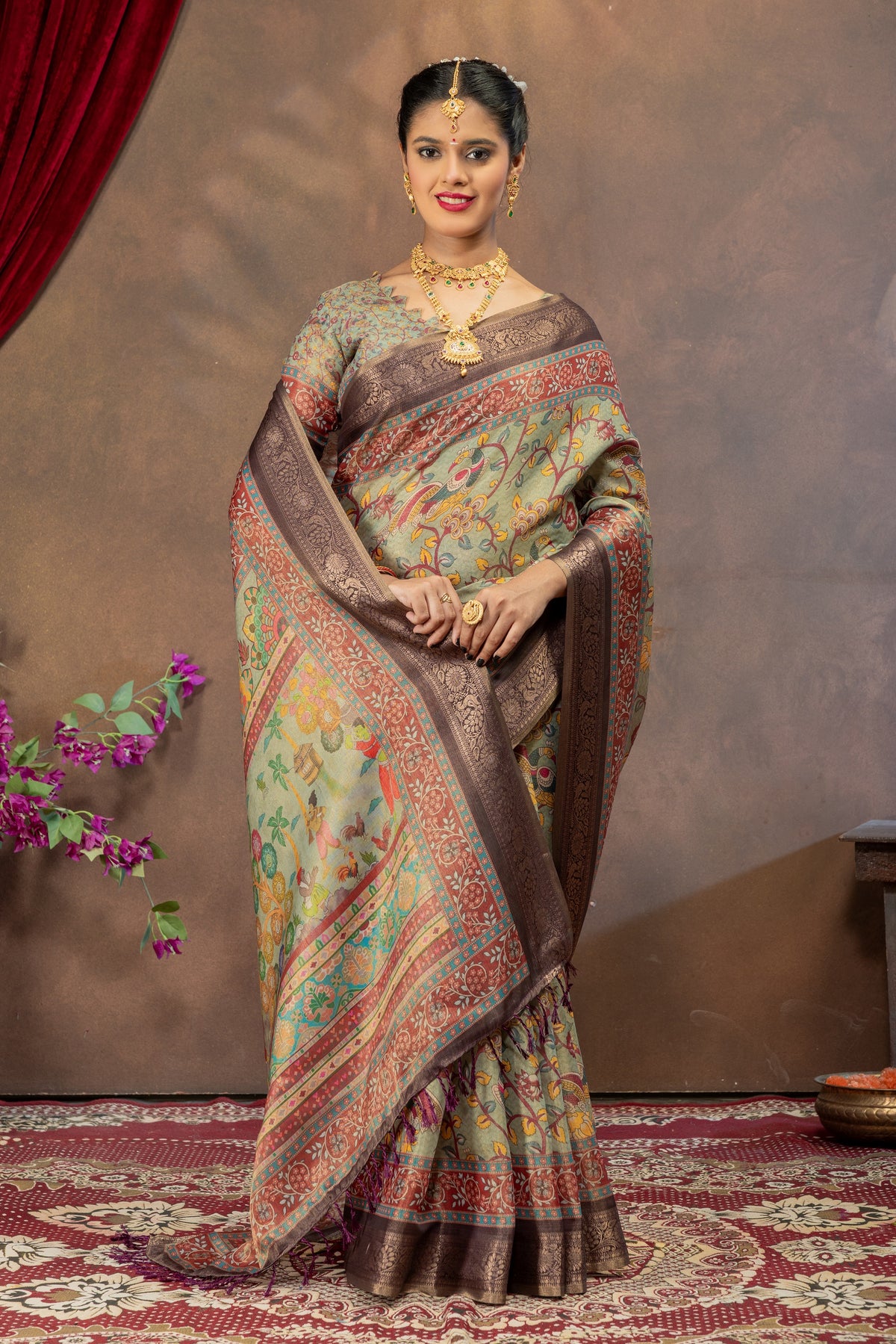 Gramya Vaibhavam Kalamkari Cotton Silk Saree with Heritage Village Art Pallu & Zari Border