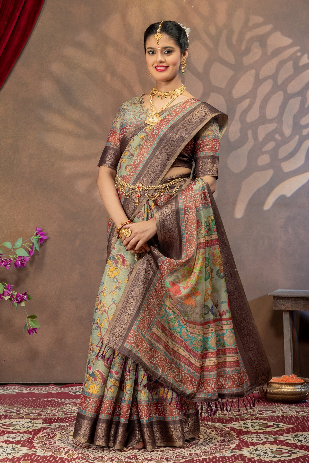 Gramya Vaibhavam Kalamkari Cotton Silk Saree with Heritage Village Art Pallu & Zari Border