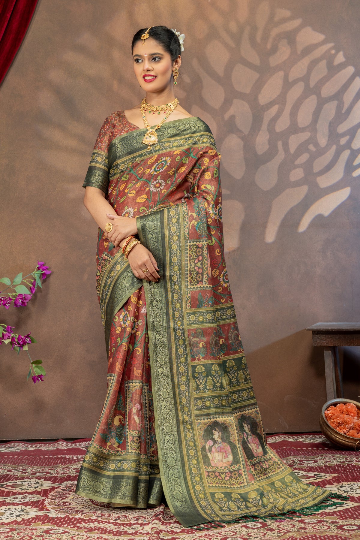 Chitralekha Kalamkari Cotton Silk Saree with Heritage Portrait Pallu & Rich Zari Border
