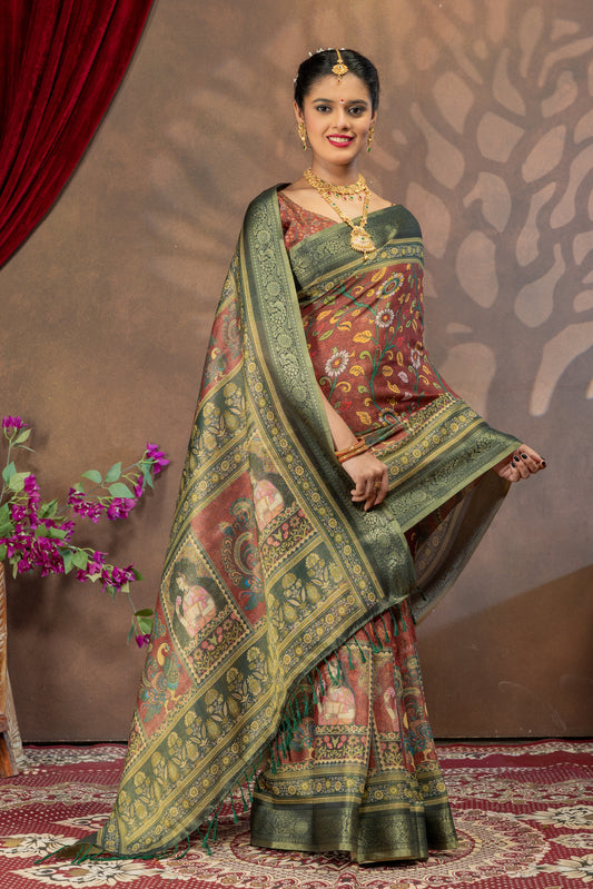Chitralekha Kalamkari Cotton Silk Saree – Heritage Portrait Pallu