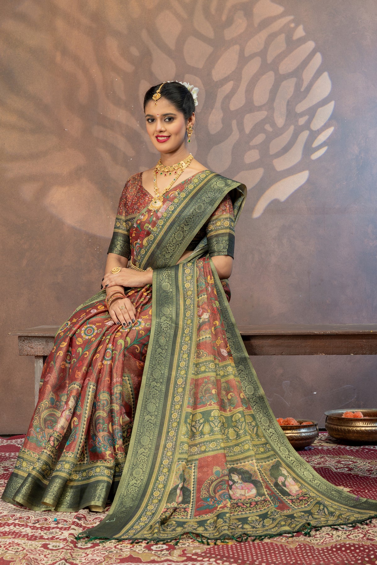 Chitralekha Kalamkari Cotton Silk Saree with Heritage Portrait Pallu & Rich Zari Border