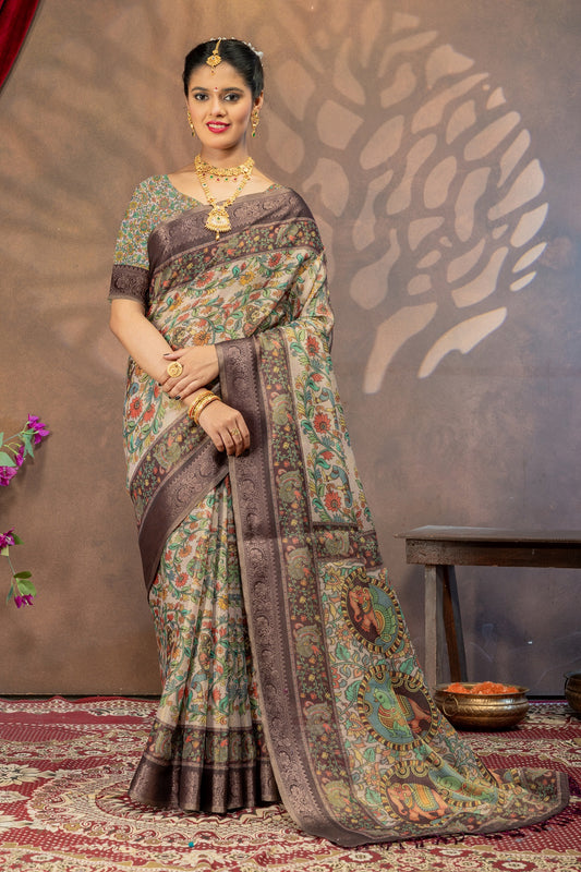 Pushpavali Kalamkari Cotton Silk Saree – Floral Pallu & Zari Border