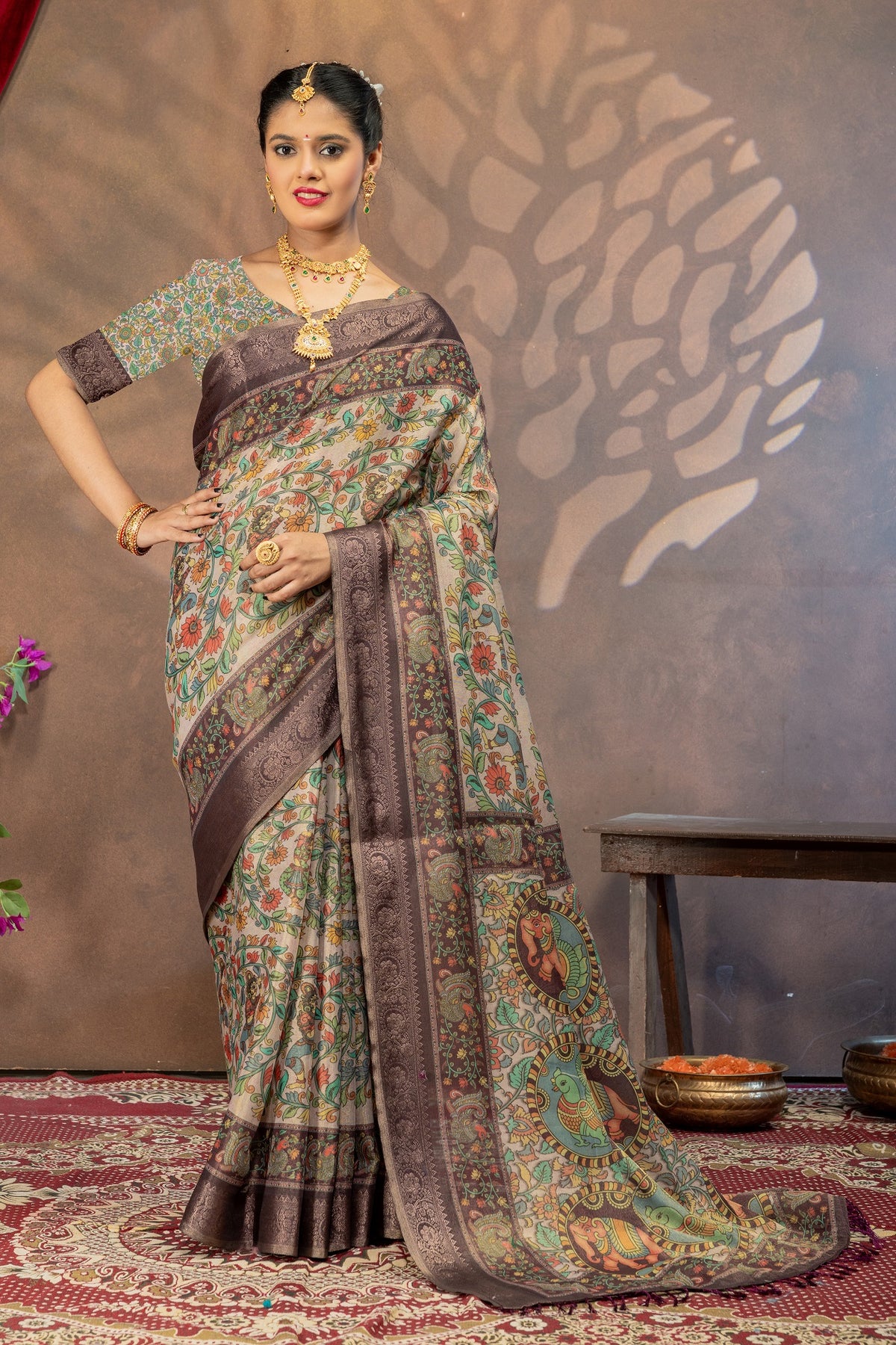 Pushpavali Vaibhavam Kalamkari Cotton Silk Saree with Floral Art Pallu & Zari Border