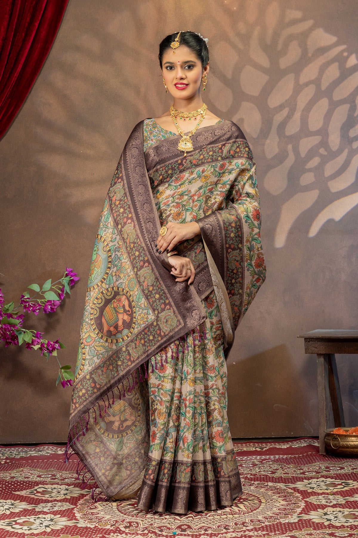 Pushpavali Vaibhavam Kalamkari Cotton Silk Saree with Floral Art Pallu & Zari Border