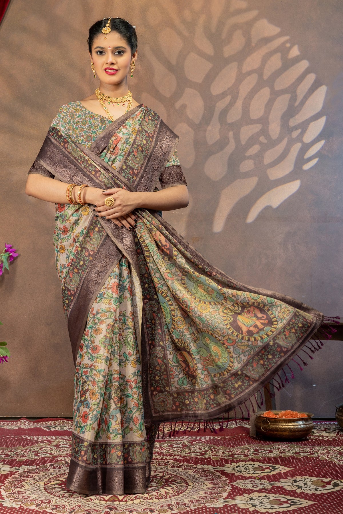 Pushpavali Vaibhavam Kalamkari Cotton Silk Saree with Floral Art Pallu & Zari Border