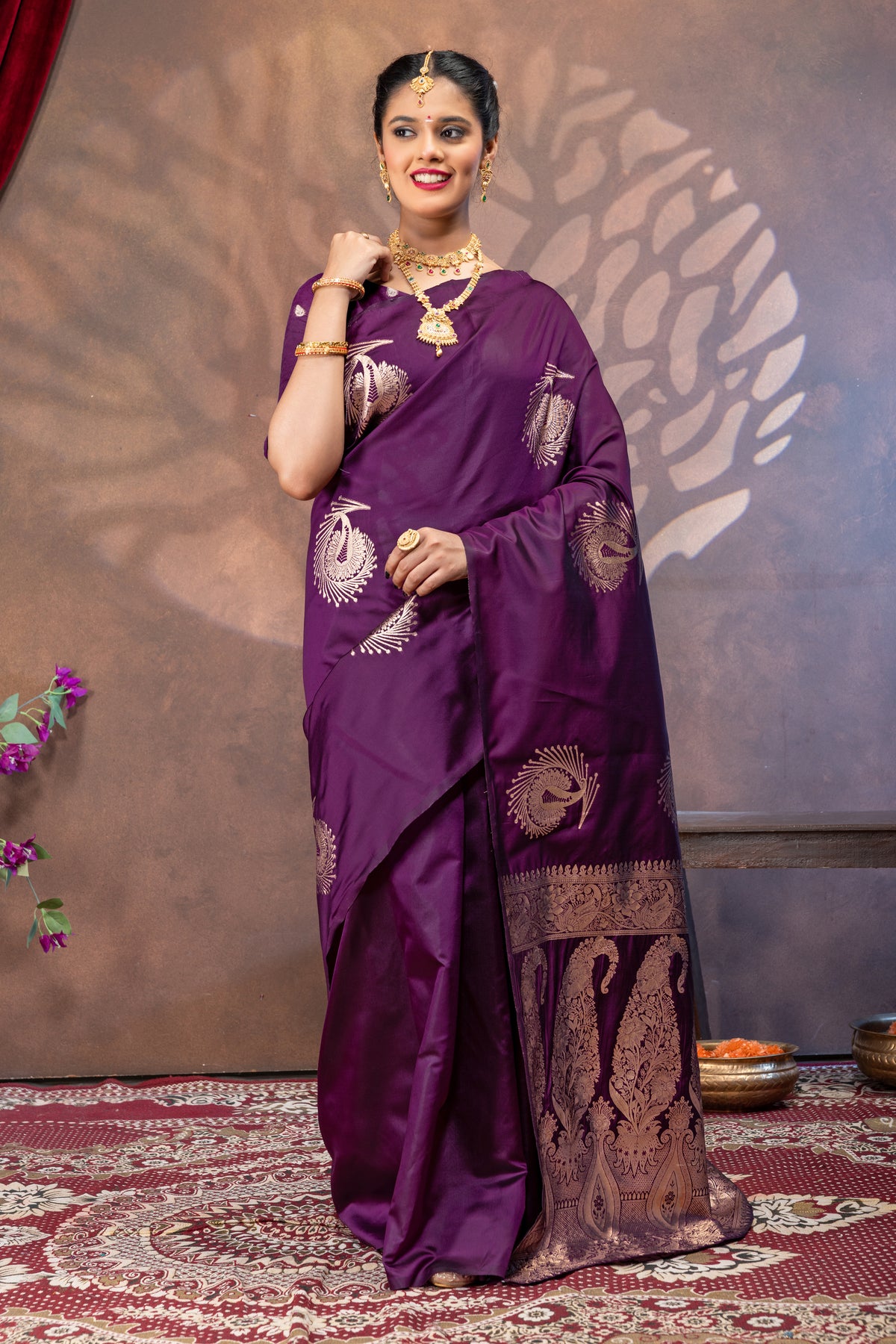 Purple Silk Saree with All Over Real Zari Woven Peacock Design