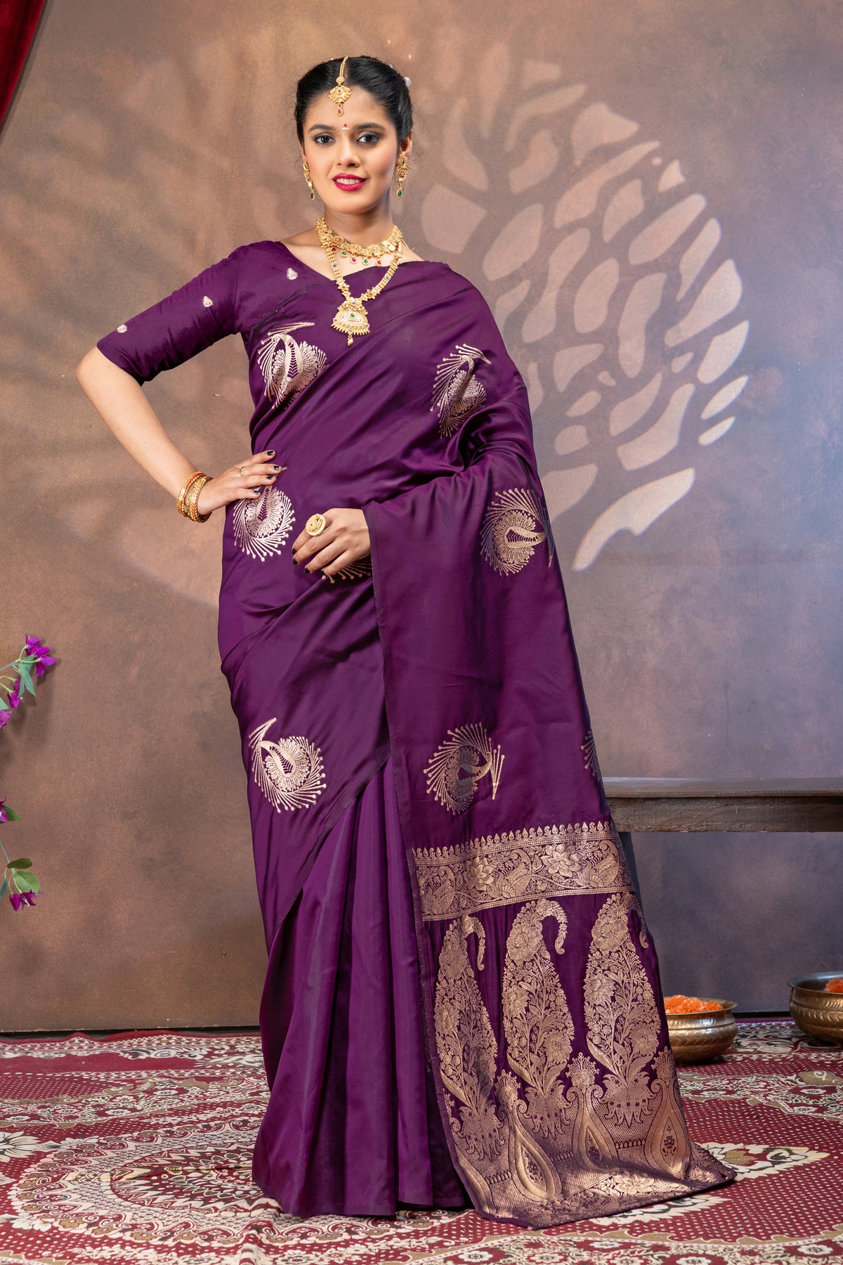 Purple Silk Saree with All Over Real Zari Woven Peacock Design