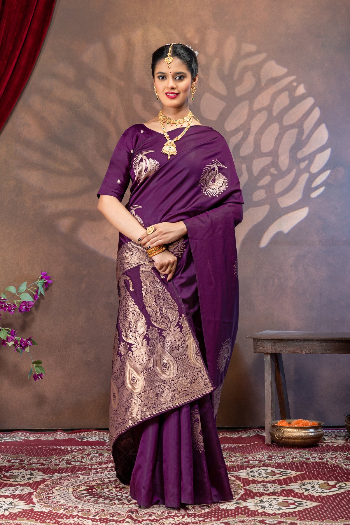 Purple Silk Saree with All Over Real Zari Woven Peacock Design