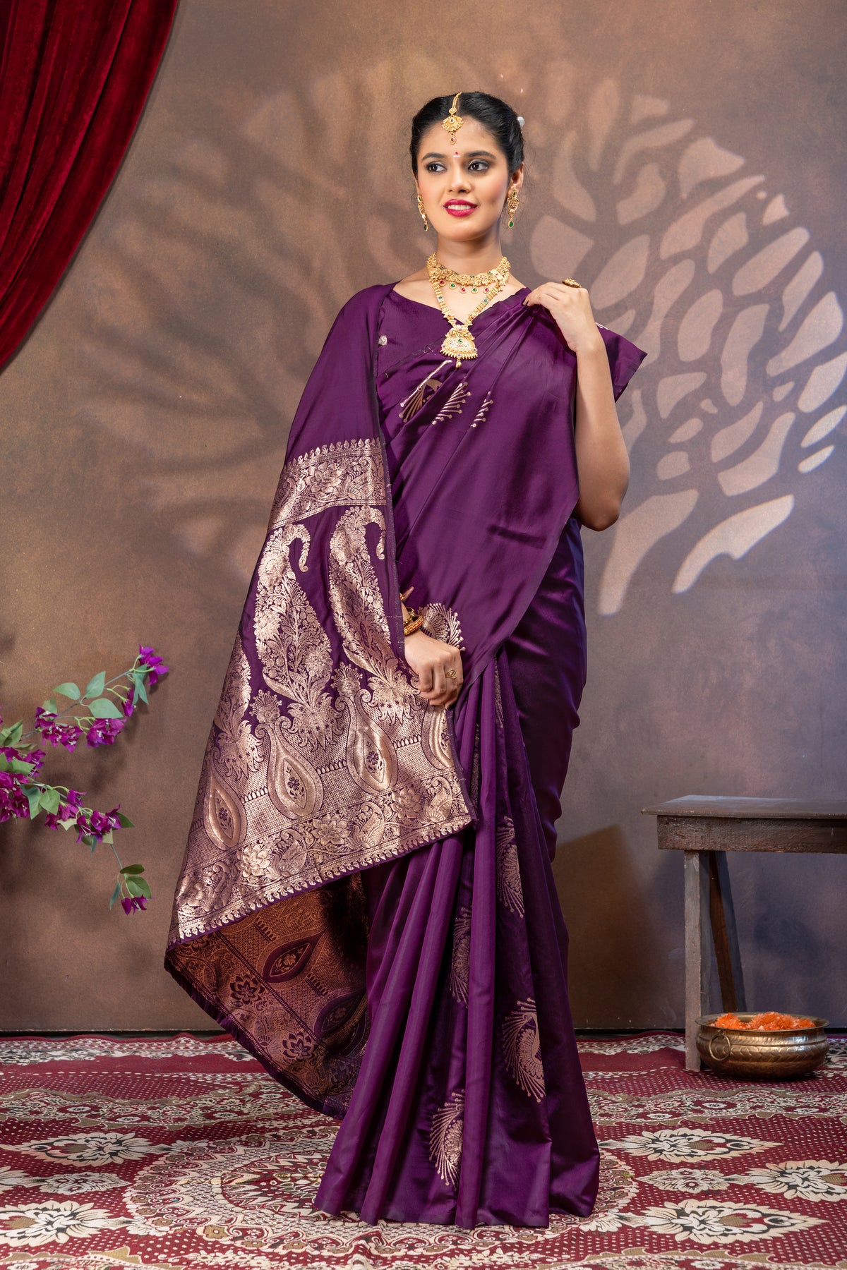 Purple Silk Saree with All Over Real Zari Woven Peacock Design