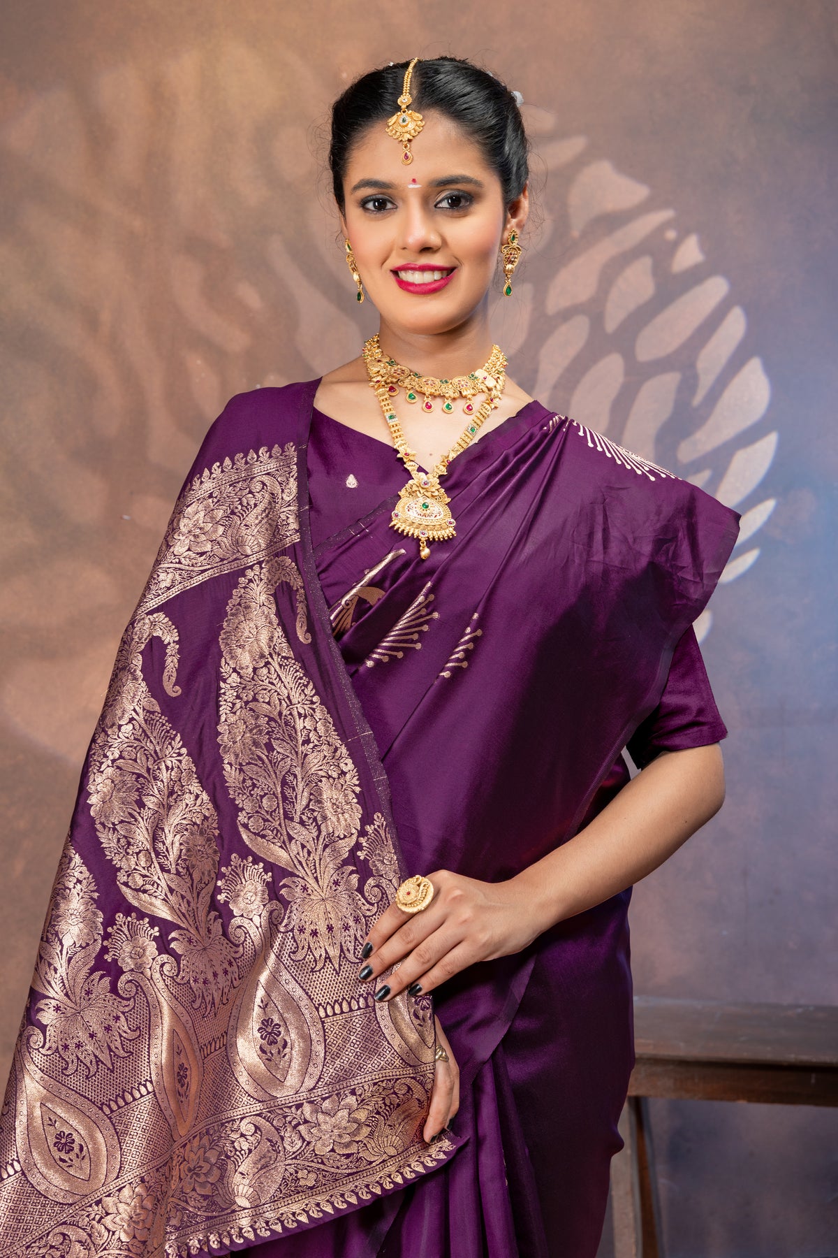Purple Silk Saree with All Over Real Zari Woven Peacock Design
