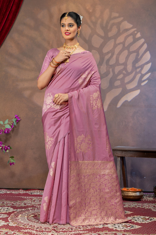 Royal Pink Pitch Silk Saree with All Over Real Zari Woven Design