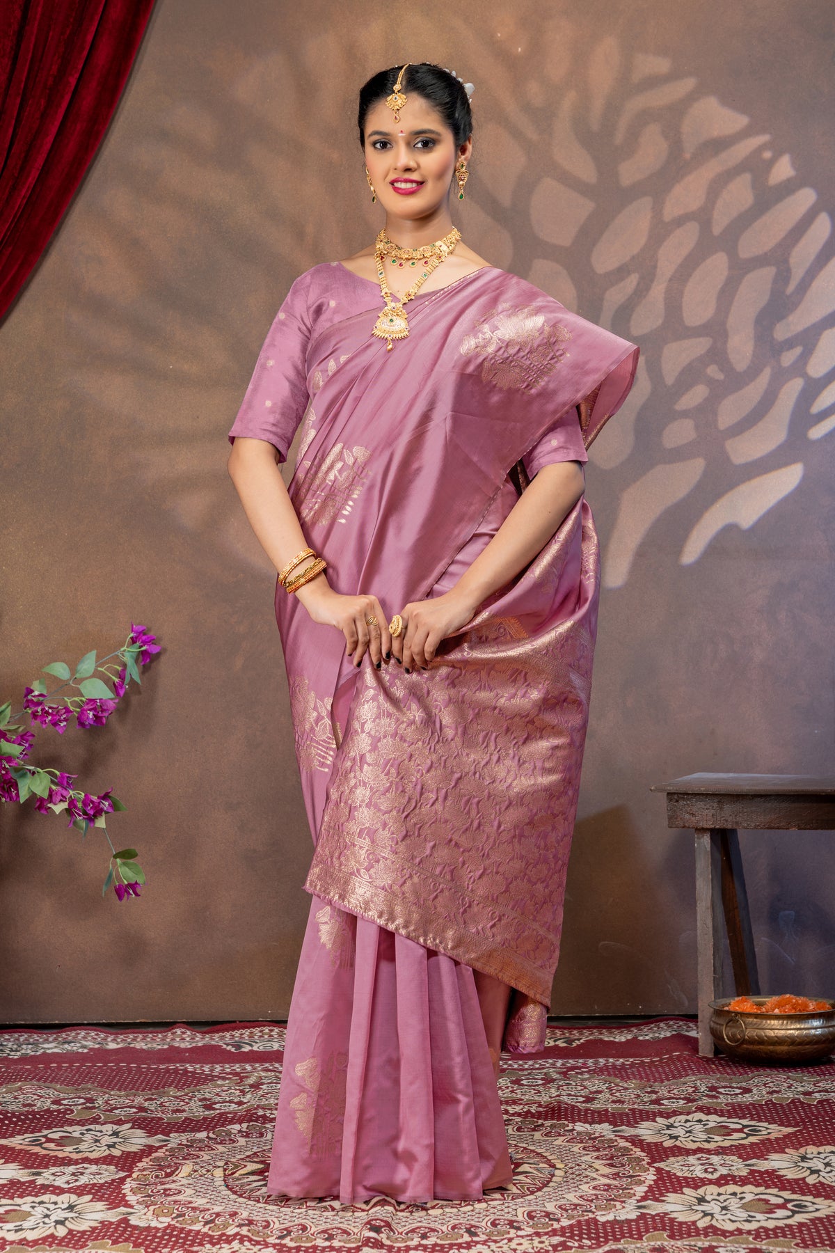 Royal Pink Pitch Silk Saree with All Over Real Zari Woven Design