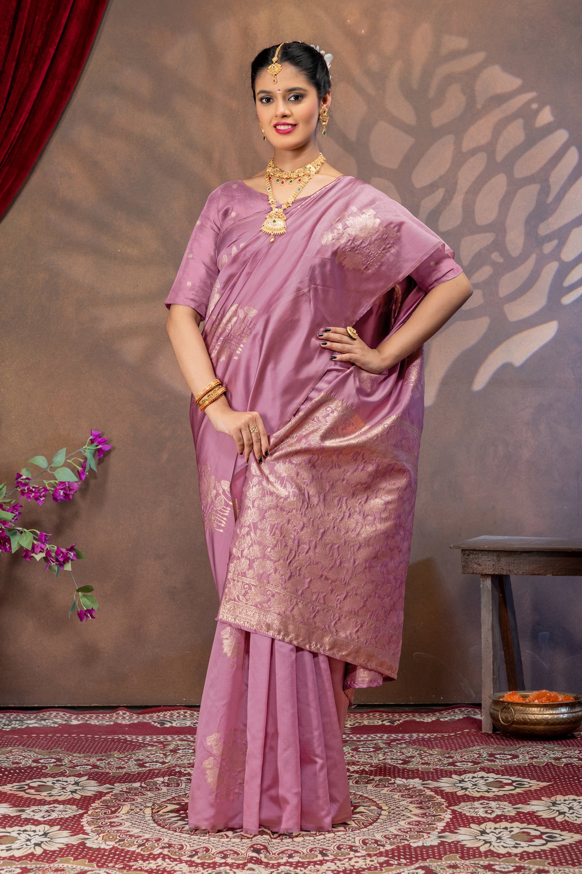 Royal Pink Pitch Silk Saree with All Over Real Zari Woven Design