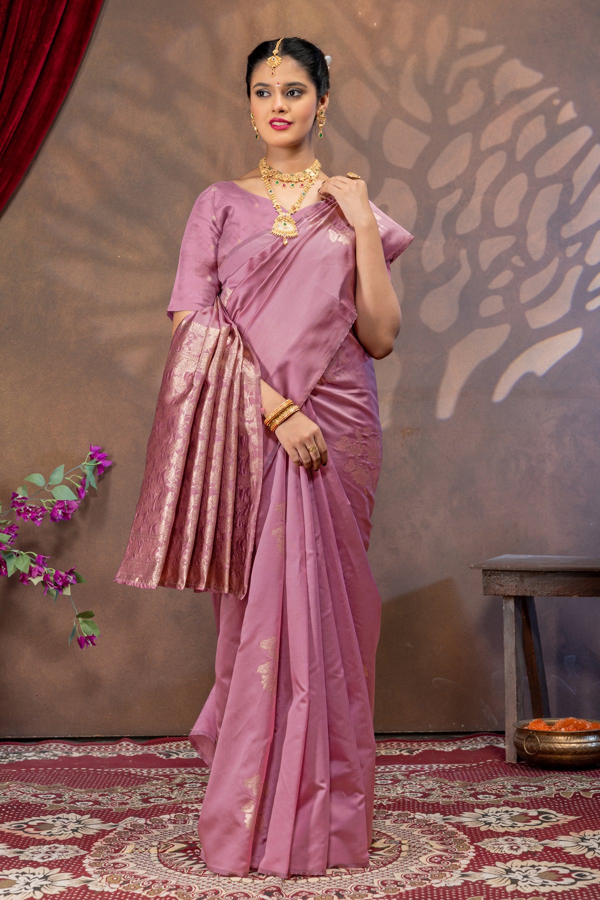 Royal Pink Pitch Silk Saree with All Over Real Zari Woven Design