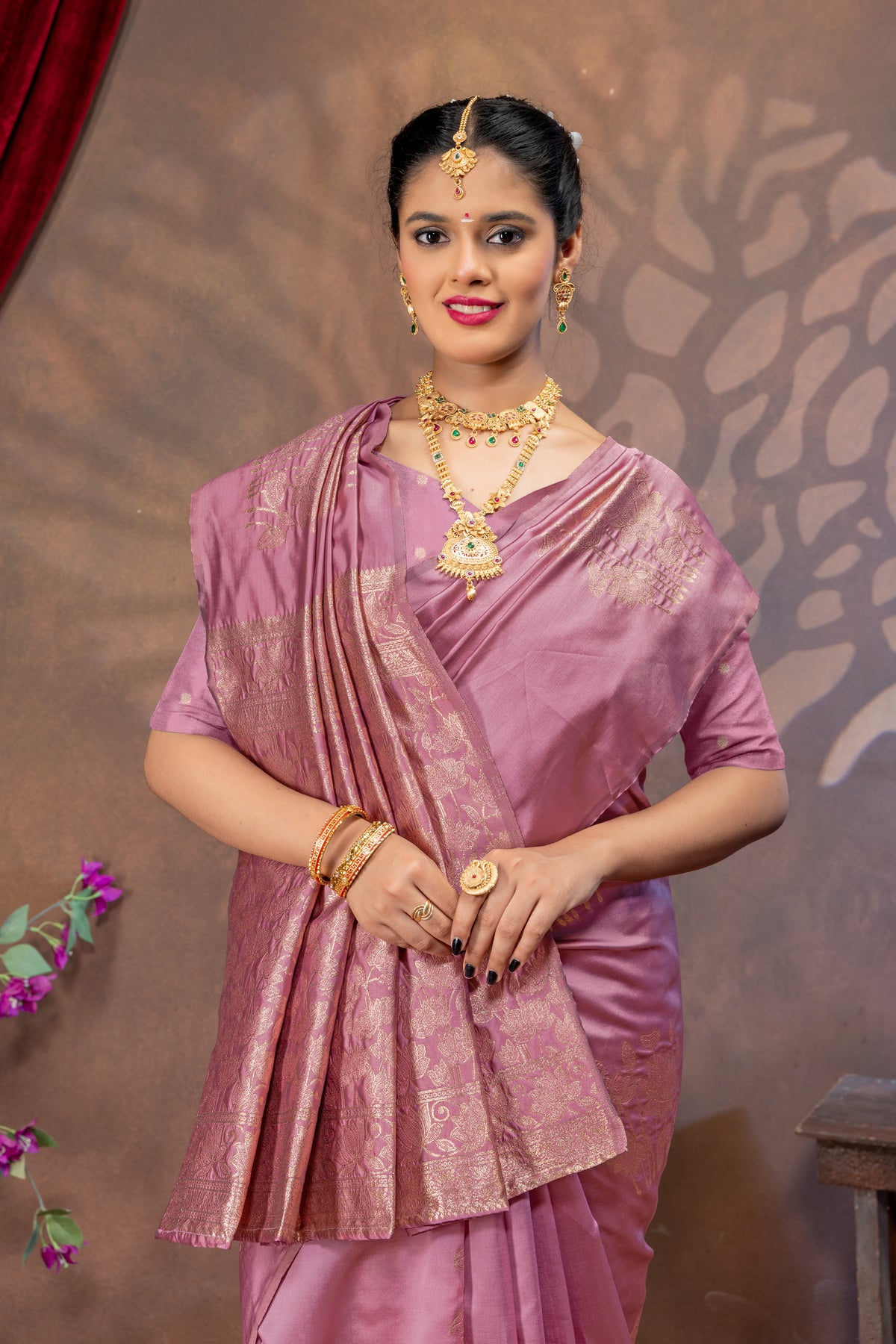 Royal Pink Pitch Silk Saree with All Over Real Zari Woven Design