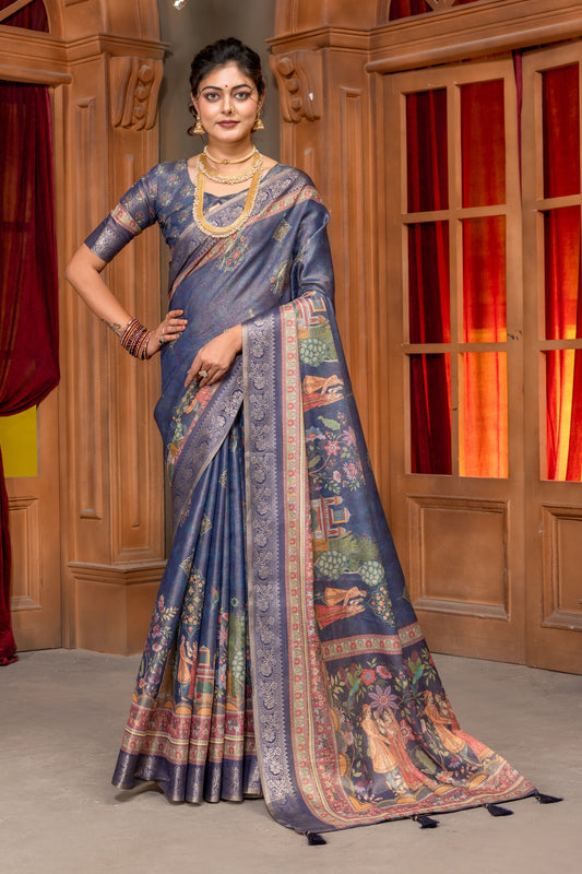 Premium Cotton Silk Saree with Royal Vintage Court Digital Print & Jacquard Border In Navy Blue color