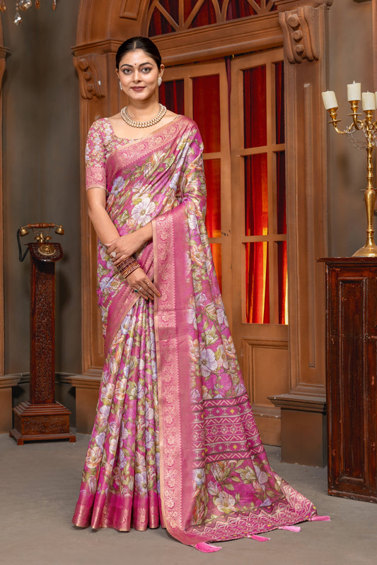 Premium Cotton Silk Saree with Vintage  Floral Digital Print & Rich Jacquard Border In dark pink color