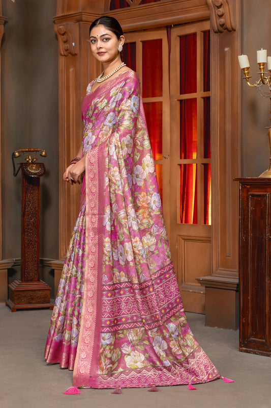 Premium Cotton Silk Saree with Vintage  Floral Digital Print & Rich Jacquard Border In dark pink color