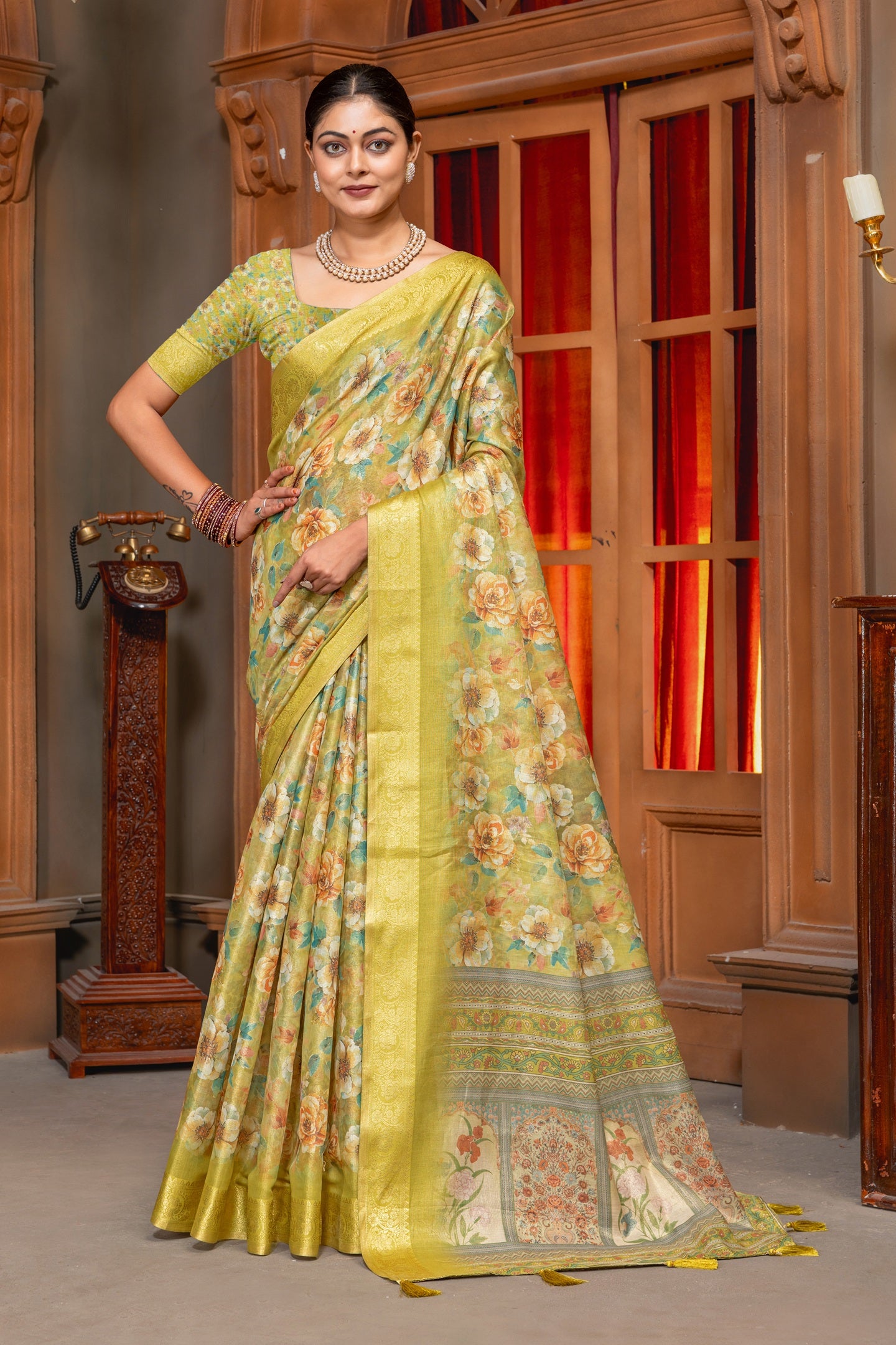 Premium Cotton Silk Saree with Vintage Yellow Floral Digital Print & Jacquard Border